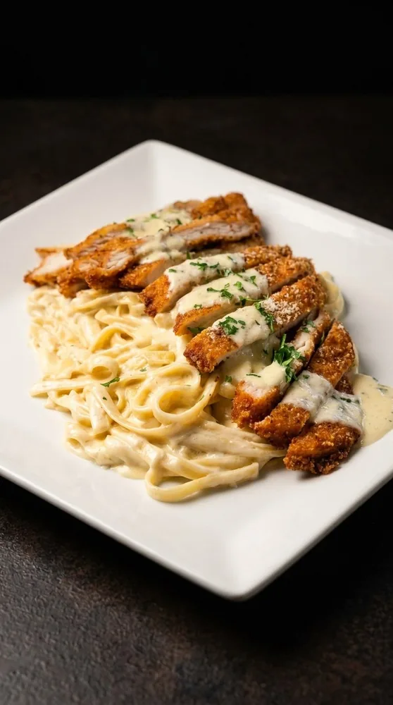 Kurczak w panierce z makaronem — Restaurant light · for the menu